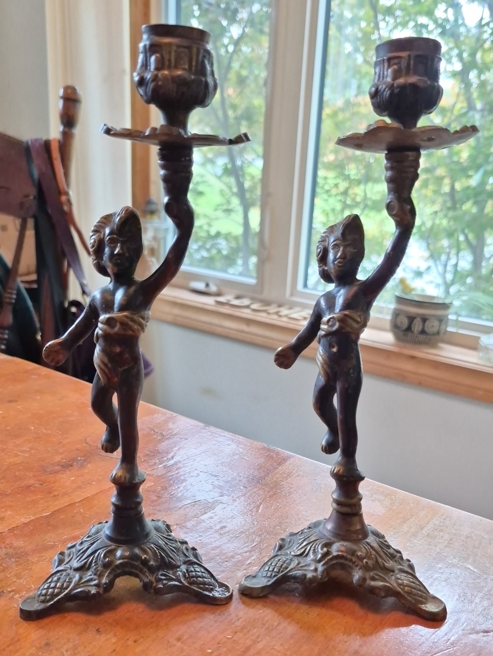 Vintage Brass Cherub Candle Holders - Pair